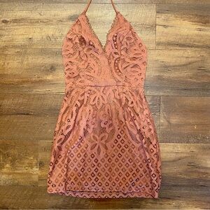 Windsor Halter Mini Dress with Lace - Mauve / Pink